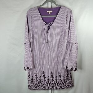 Skies Are Blue Lavender Striped Embroidered Midi Women's Dress Sz Large